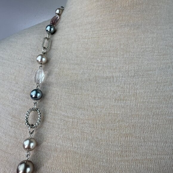 Premier Designs Gray, Clear & Silver Tone Bead Chain Link Necklace 48" - Picture 4 of 8